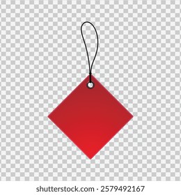 A vibrant red label tag with a string, isolated on a transparent background. Ideal for branding, packaging, or product design projects.