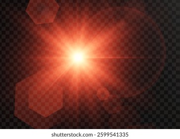 A vibrant red lens flare emitting bright light on a transparent background. This dramatic effect enhances visuals with warmth and energy, perfect for various design applications.