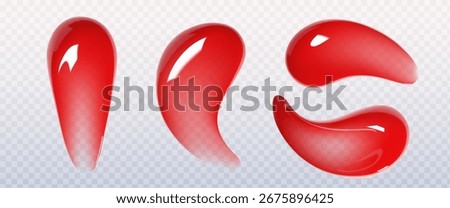 Vibrant red lip gloss swatch set - glossy smears with shiny texture, curved shapes of application strokes. Cosmetic beauty product samples for makeup testing, color selection and shade demonstration