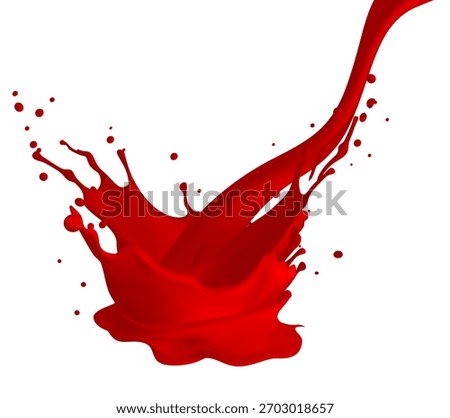 Vibrant red liquid splash captured mid air Dynamic flowing wave with droplets Glossy realistic 3D vector Pure white background Ideal for paint juice blood or cosmetic concepts