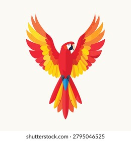 A vibrant red macaw parrot with yellow and orange wings spread wide in a symmetrical flying pose isolated on a light background
