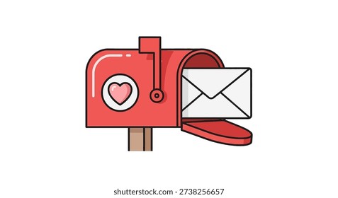 A vibrant red mailbox featuring a charming heart symbol on its side, with an open envelope peeking out. The mailbox flag is raised, indicating mail delivery or a message sent, all rendered in a clean, outlined cartoon style on a plain white background.