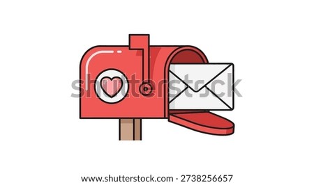 A vibrant red mailbox featuring a charming heart symbol on its side, with an open envelope peeking out. The mailbox flag is raised, indicating mail delivery or a message sent, all rendered in a clean, outlined cartoon style on a plain white background.