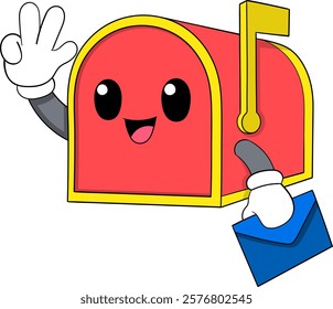 A vibrant red mailbox mascot with a bright smile, waving one hand while holding a blue envelope in the other, adorned with a yellow flag detail