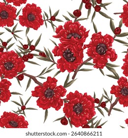 Vibrant Red manuka Floral Arrangement Seamless Repeat for Fabric and Textiles	