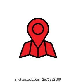 Um vibrante ícone de pino vermelho posicionado em cima de um mapa estilizado dobrado, significando localização, navegação e planejamento de viagem em um gráfico claro e isolado.