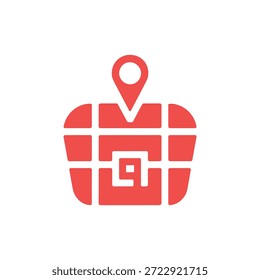 Ein lebendiges rotes Kartensymbol mit einem Gitterdesign, das eine bestimmte Position signalisiert.