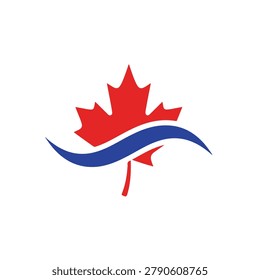 Vibrant red maple leaf with blue wave, Canadian symbol vector illustration on white background.