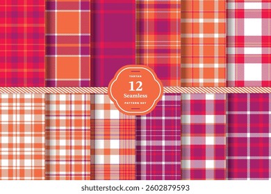 Vibrant Red and Mellow Amber Seamless Tartan Fabric Design Set of 12