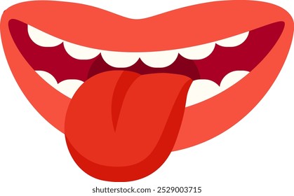 Una boca roja vibrante presenta una expresión lúdica con una lengua que sobresale, creando una sensación de alegría y espontaneidad en un diseño minimalista.