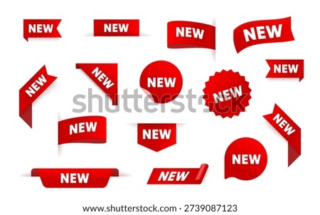 Vibrant red NEW labels, tags, and stickers set, perfect for product announcements and promotions. Vector illustration
