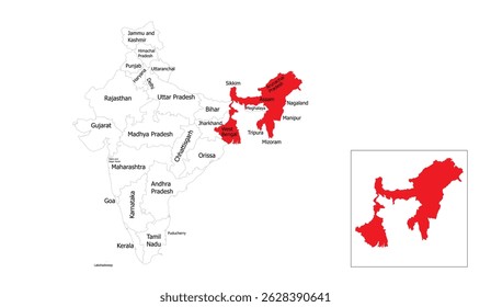 Vibrant Red Northeastern India States Map on White Background Depicting the Geographical and Political Landscape of the Region for Educational and Informational Purposes