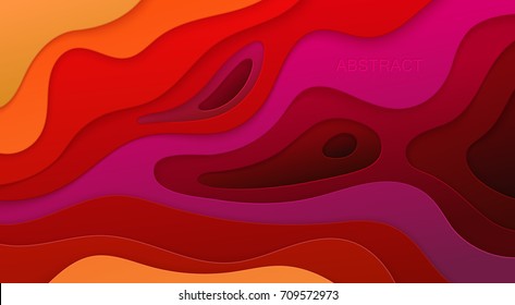 Vibrant red and orange paper cut background. Abstract 3d papercut decoration textured with wavy layers. Carving or origami art. Vector realistic illustration. Cover layout template. Material design.
