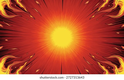 Vibrante fondo de rayos de sol rojo y naranja con líneas de velocidad radiales, acentos de llamas ardientes y un brillante efecto de sol brillante central.