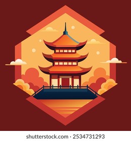 Vibrant Red and Orange Temple Cutout | Chinese or Japanese Architecture | Cultural and Festive Design. Perfect for Lunar New Year, Chinese New Year, or cultural celebrations, bringing happiness