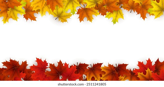 Vibrant red, orange, and yellow maple leaves form a border on a white background. Ideal for seasonal designs, invitations, or fall-themed projects.