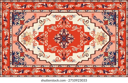 Vector de alfombra oriental rojo vibrante con intrincados motivos florales y geométricos simétricos. Diseño tradicional de alfombra persa para una decoración interior clásica y acogedora.