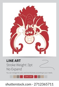 A vibrant red ornate circular border frames an intricate abstract scroll motif.