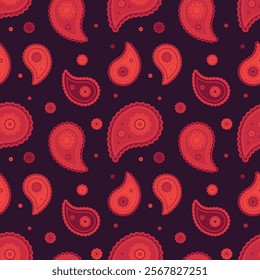 Vibrant red paisley pattern on a deep burgundy background.  Perfect for textile design, wallpaper, or website backgrounds.  This ornate, repeating design offers a rich, luxurious feel.