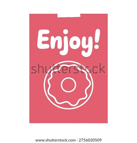 A vibrant red paper bag features a white donut graphic alongside the text 'Enjoy!'.