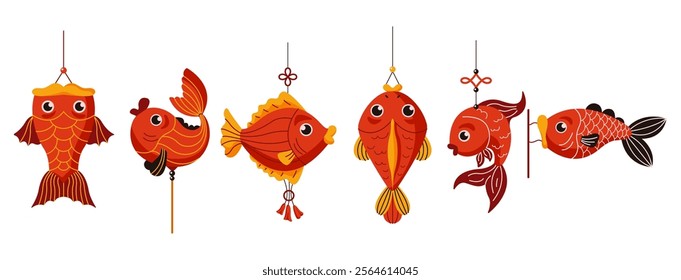 Vibrant red paper fish decorations flat color vector objects set. Symbols of prosperity and good luck illustration on white background