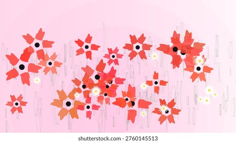 Vibrant red paper flowers with black centers scattered on a pink textured background with soft lighting and a cheerful mood