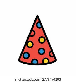A vibrant red party hat decorated with yellow and blue polka dots, isolated on a white background, illustrated in a simple flat style.
