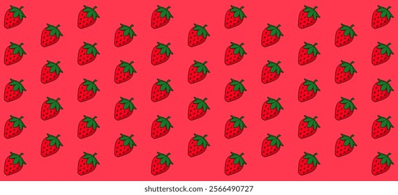 A vibrant red pattern featuring illustrated strawberries with green leaves, creating a playful design.