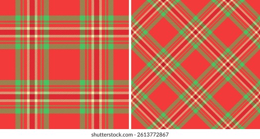 Vibrant red plaid patterns, perfect for festive designs. Two seamless textures offer classic  diagonal variations. Ideal for wrapping paper, fabrics, apparel,  holiday projects.