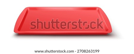 A vibrant red plastic tray is placed against a clean white backdrop. The trays minimalist design features smooth edges and a glossy surface, ideal for serving.