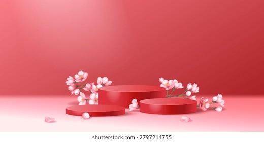 A vibrant red podium creates an elegant showcase for products. Adorned with delicate pink flowers, this setup is perfect for beauty or wellness brands seeking a refined appearance.