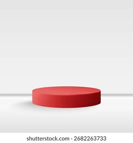 Um pódio vermelho vibrante com uma sombra suave para exibição do produto em um fundo branco. Eps 10