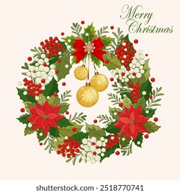 Vibrant red poinsettias, white berries, and lush green leaves come together in this stunning holiday wreath. Vector illustration