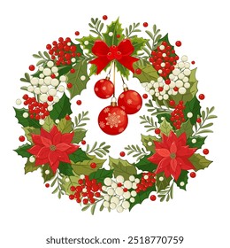 Vibrant red poinsettias, white berries, and lush green leaves come together in this stunning holiday wreath. Vector illustration