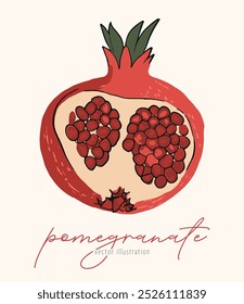 A vibrant red pomegranate with its juicy seeds visible, ready to be eaten.