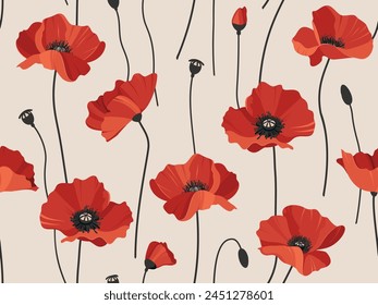 Vibrant red poppies on a light background, creating a continuous floral pattern.