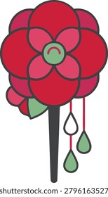 Vibrant red poppy flower vector illustration with green leaves and dripping water droplets, minimalist design