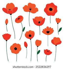 Uma ilustração vetorial de flores de papoula vermelha vibrante sobre um fundo branco. Este design elegante e detalhado é perfeito para arte com tema floral, impressões, cartões ou projetos de decoração.