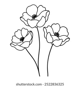 Uma ilustração vetorial de flores de papoula vermelha vibrante sobre um fundo branco. Este design elegante e detalhado é perfeito para arte com tema floral, impressões, cartões ou projetos de decoração.