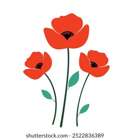 Una Ilustración vectorial de flores de amapola rojo vibrante sobre un fondo blanco. Este diseño elegante y detallado es perfecto para proyectos de arte, estampados, tarjetas o decoración con temas florales.