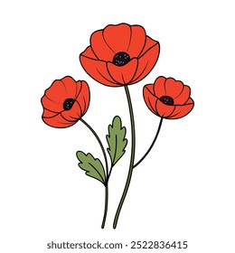 A vibrant red poppy flowers vector illustration on a white background. This elegant and detailed design is perfect for floral-themed art, prints, cards, or decoration projects.
