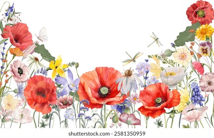 a vibrant red poppy, a wild flower, visited by a butterfly and two dragonflies. The poppy, with its delicate petals, stands out against the white background