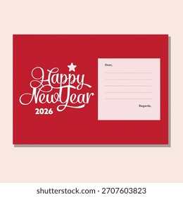 Eine lebendige rote Postkarte für Happy New Year 2026 verfügt über ein elegantes weißes Skript auf strukturiertem Hintergrund, mit einem eigenen Bereich für einen persönlichen handschriftlichen Gruß.