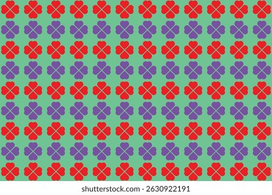 Vibrant Red and Purple Clover Pattern on Teal Background.