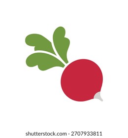 Vibrante rábano rojo con hojas verdes, un ícono de Vector plano de raíz vegetal fresco y saludable.