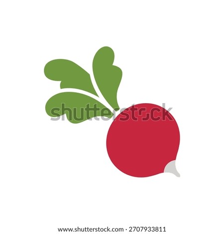 Vibrant red radish with green leafy tops, a fresh and healthy root vegetable flat vector icon.