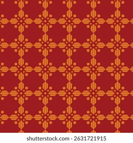 Vibrierendes rotes, sich wiederholendes geometrisches Kreuzmuster mit strahlenden orangefarbenen Kreisen