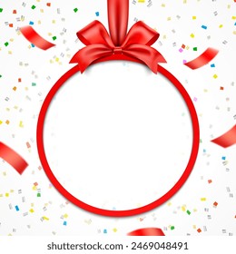 A vibrant red ribbon tied in a bow forms a circular frame with colorful confetti scattered on a white background, symbolizing celebration. Round shape gift frame vector greeting card.