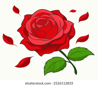 A vibrant red rose depicted on a vector, showcasing its delicate petals and leaves. The rose is in full bloom, with layered petals that have a soft, velvety texture. The green.