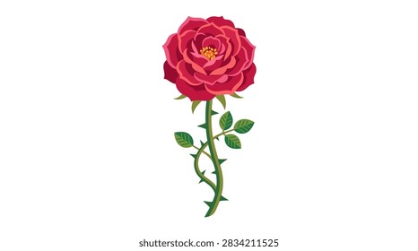 A vibrant red rose with green stem, leaves, and thorns on a white background.